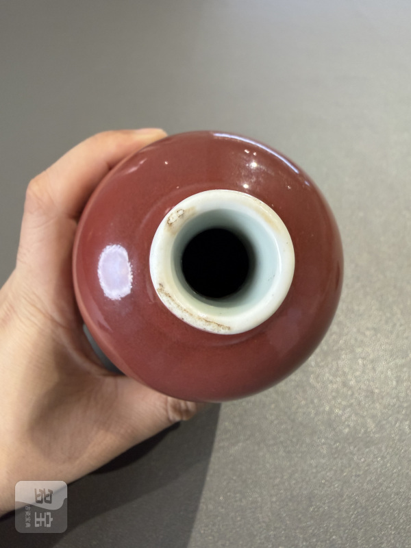 清康熙 霁红釉莱菔瓶（带木底座） - 图9